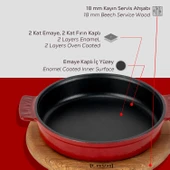 Lava Döküm Yuvarlak Güveç Kabı Döküm Demir Yekpare Çift Kulplu Kayın Servis Ahşabı Çap(Ø)17cm.-Bordo - 6