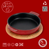 Lava Döküm Yuvarlak Güveç Kabı Döküm Demir Yekpare Çift Kulplu Kayın Servis Ahşabı Çap(Ø)14cm.-Bordo - 7