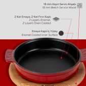 Lava Döküm Yuvarlak Güveç Kabı Döküm Demir Yekpare Çift Kulplu Kayın Servis Ahşabı Çap(Ø)14cm.-Bordo - 6