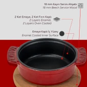 Lava Döküm Yuvarlak Güveç Kabı Döküm Demir Yekpare Çift Kulplu Kayın Servis Ahşabı Çap(Ø)11cm.-Bordo thumbnail 6