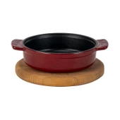 Lava Döküm Yuvarlak Güveç Kabı Döküm Demir Yekpare Çift Kulplu Kayın Servis Ahşabı Çap(Ø)14cm.-Bordo - 1