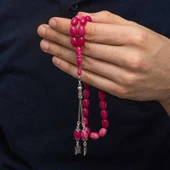 Gümüş Püsküllü Pembe Sıkma Kehribar Tesbih - 4