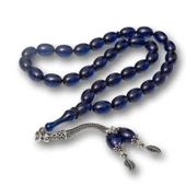 Gümüş Püsküllü Lacivert Sıkma Kehribar Tesbih - 1