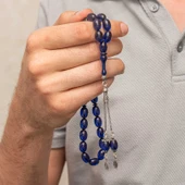 Gümüş Püsküllü Lacivert Sıkma Kehribar Tesbih - 4