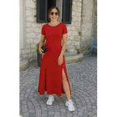 Lucky Life Kadın Kısa Kollu Sırt Dekolteli Yırtmaç Detaylı Viskon Elbise - 1