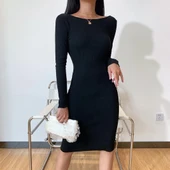 Kadın Uzun Kollu Hafif Kayık Yaka Sırt Dekoltelielbise thumbnail 2