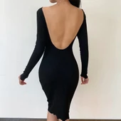 Kadın Uzun Kollu Hafif Kayık Yaka Sırt Dekoltelielbise thumbnail 1