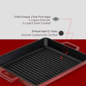 Lava Döküm Dikdörtgen Izgara Tavası Döküm Demir Yekpare Çift Kulplu Ölçü 26x32cm.-Bordo thumbnail 6