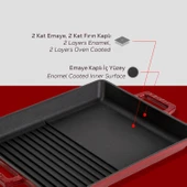 Lava Döküm Dikdörtgen Hibrit Izgara Tavası Döküm Demir Yekpare Çift Kulplu Ölçü 26x32cm.-Bordo thumbnail 6