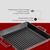 Lava Döküm Kare Izgara Tavası Döküm Demir Yekpare Çift Kulplu Ölçü 26x26cm.-Bordo thumbnail 6