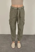 Gabardin Kumaş Kemerli Kargo Kadın Pantolon-Haki thumbnail 5