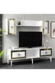 cantek dizayn LİNDA RAFLI TV ÜNİTESİ TAKIMI BEYAZ-ALTIN thumbnail 3
