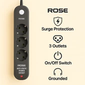 Rose 3'lü Akım Korumalı Priz Topraklamalı ve Çocuk Korumalı Anahtarlı Anti-Statik 3m - 1