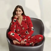 Pijamoni 5660 Kadın Ayıcık Desenli Gömlek Yaka Pijama Takımı - 1