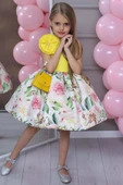 Kız Çocuk Tek Omuz Gül Broşlu Eteği Kabarık Çiçek Desenli Sarı Abiye thumbnail 6
