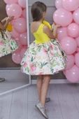 Kız Çocuk Tek Omuz Gül Broşlu Eteği Kabarık Çiçek Desenli Sarı Abiye thumbnail 4
