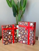 Yılbaşı Temalı 3 Lü Dekoratif Fiyonklu Hediye Kutusu Kahverengi Orta-Büyük Boy 35x25x13 Cm - 1