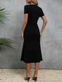 Kadın Kısa Kollu Kare Yakalı Ip Detaylı Janjan Krep Elbise thumbnail 4