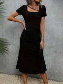 Kadın Kısa Kollu Kare Yakalı Ip Detaylı Janjan Krep Elbise thumbnail 5