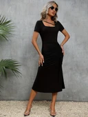 Kadın Kısa Kollu Kare Yakalı Ip Detaylı Janjan Krep Elbise thumbnail 2