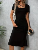 Kadın Kısa Kollu Kare Yakalı Ip Detaylı Janjan Krep Elbise thumbnail 3