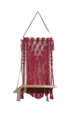 Kırmızı Ahşap Taranabilir Makrome Örgü Modelli Püsküllü Dekoratif Raflı Duvar Süsü Askısı - 1