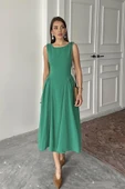 Yeşil Yanları Büzgülü Midi Boy Keten Elbise thumbnail 4