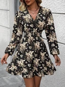 Kadın Uzun Kollu Kruvaze Yaka Beli Gipeli çiçek Desenli Kısa Dalgıç Elbise thumbnail 8