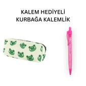 Yeşil Kurbağa Tatlı Kalemlik - Okul Kalemliği-Makyaj Çantası ve Hediye Pembe Uçlu Kalem - 1