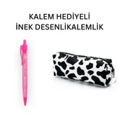 İnek Desen Kalemlik - Okul Kalemliği-Makyaj Çantası ve Hediye Pembe Uçlu Kalem - 1