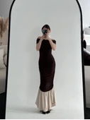 Striptiz Omuzlu Uzun Elbise- Kahve thumbnail 3