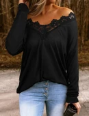 Kadın Uzun Kollu Yaka Güpür Detay Viskon Bluz thumbnail 2