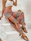 Kadın Yüksek Belli Yanlardan Yırtmaç Detaylı Desenli Bürümcük Pantolon thumbnail 1