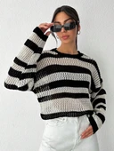 Çizgili bisiklet yaka triko kazak beyazsiyah - 2