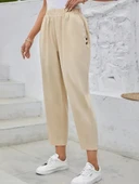 Kadın Yüksek Bel Yandan Cepli Düğme Detaylı Geniş Kesim Ithal Krep Pantolon thumbnail 2