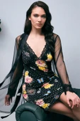 Amora Secret Tül Sabahlık ve Viskon Çiçek Baskılı Dantelli Kısa Gecelik Takım - 1