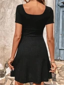 Kadın Kısa Kollu Kare Yakalı Bağcıklı Kaşkorse Elbise thumbnail 3