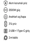 FTR 2500W Termal Akım Korumalı 3lü Priz 2 USB 1 TypeC Sigortalı Çoklayıcı 2 m Kablo thumbnail 5