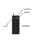 ÇELİKWORK 10'lu PRİZ, 3 USB, 3.4 Amper, 1 Type-C Girişli 16A Akım Korumalı Uzatma Kablolu Priz Çoklayıcı - 2