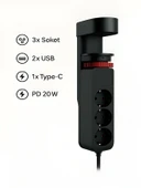 ÇELİKWORK Masa Tutacaklı Akım Korumalı 2xusb-a, 3'lü Priz, Pd 20w 1usb-c Tepe-c Çoklayıcı Tutacaklı Priz thumbnail 1