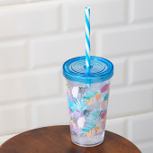 Porsima 161448-011P Pipetli Sızdırmaz Düz Kapaklı Plastik Bardak 660 cc - Yaprak Desenli - 3