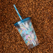 Porsima 161448-011P Pipetli Sızdırmaz Düz Kapaklı Plastik Bardak 660 cc - Yaprak Desenli - 4