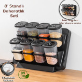 Porsima 1121 Standlı 360° Döner Kapaklı Etiketli Baharatlık Seti - Erzak Saklama Kabı Siyah - 1