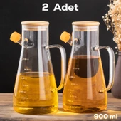 Porsima 401275 2'li Alisa Bambu Kapaklı Borosilikat Ölçekli Cam Yağlık Silikon Tabanlı Dereceli Yağdanlık 900 mL thumbnail 1