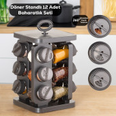 Porsima 1083 Kare Prizma Döner Standlı Döner Kapaklı 12'li Cam Baharatlık-Düzenleyici Organizer-Antrasit - 1