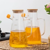 Porsima 401275 2'li Alisa Bambu Kapaklı Borosilikat Ölçekli Cam Yağlık Silikon Tabanlı Dereceli Yağdanlık 900 mL thumbnail 3