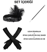 1920'ler Gatsby Aksesuar Seti – Siyah Charleston Saç Bandı, Uzun Eldiven & Sigaralık - 2
