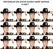 Kovboy Şerif Şapkası Siyah 12 Adet - Kostüm, Parti ve Gösteri Şapkası - 1