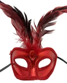 Kırmızı Renk Rugan Kaplama Kırmızı Tüylü Parti Maskesi 18x20 cm thumbnail 2