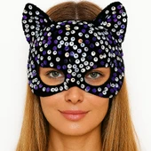 Siyah Kadife Kumaş Üzerine Mor Beyaz Payetli Pullu Parti Maskesi 16x14 cm thumbnail 1